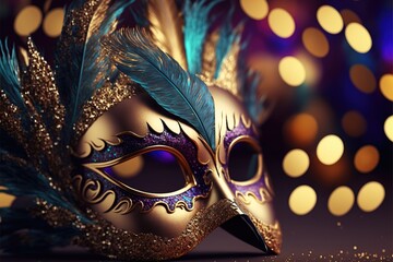 Realistic luxury carnival mask with colorful feathers. Abstract blurred background, gold dust, and light effects. Generative Ai.