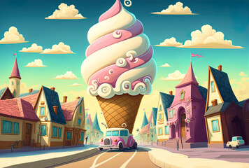 Art that is original and creative Ice cream town as a backdrop. Realistic incredible cartoon style Scene from a piece of art, background for a story, and card design. Generative AI