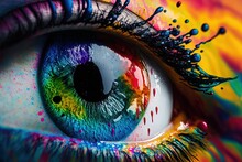 Generative AI, Human Eye Close Up With Colorful Paint , Ink Splashes And Drips