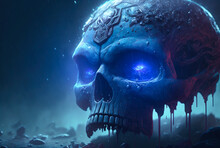 Horrifying Dead Skull Under The Rain With Shinning Eye, Digital Concept Art. Supernatural And Dark Illustration, Vivid Color.
