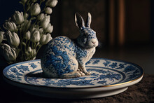 Chinese Year Of The Rabbit 2023, Rabbit Illustration On A Porcelain Plate