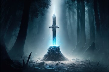 Wall Mural - Excalibur, sword in the stone with light rays in a dark forest. Digital illustration. Generative AI