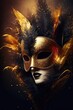 Realistic luxury carnival mask with yellow  feathers. Abstract blurred background, gold dust, and light effects. Generative Ai
