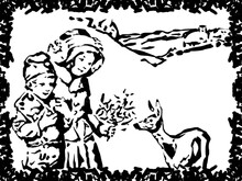 Children Feeding Deer, Silhouette Illustration