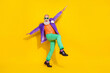 © deagreez - Full length photo of carefree positive pensioner wear trendy colorful outfit have fun go empty space isolated on yellow color background