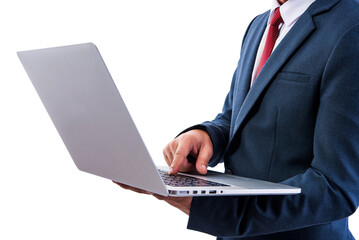 businessman using a personal computer or laptop device on transparent background