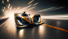 Racing Car At High Speed Riding In Illuminated Road Tunnel. Postproducted Generative AI Digital Illustration.