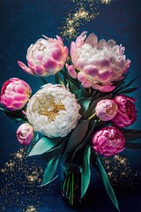 Wall Mural - Peonies and tulips bouquet. Valentines day or weeding day post card. Purple, pink, white, blue and rosy colors. Generative ai