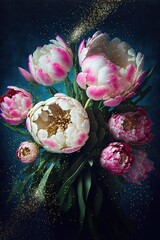 Wall Mural - Peonies and tulips bouquet. Valentines day or weeding day post card. Purple, pink, white, blue and rosy colors. Generative ai