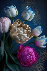 Wall Mural - Peonies and tulips bouquet. Valentines day or weeding day post card. Blue, gold, pink, white, and rosy colors. Golden dust on a dark blue background. Generative ai.