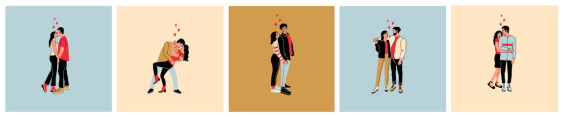 Valentine's day, love tenderness and romantic feelings concept. Young loving smiling couple boy and girl standing hugging each other feeling in love illustration