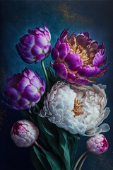 Wall Mural - Peonies and tulips bouquet. Valentines day or weeding day post card. Purple, pink, white, blue and rosy colors. Golden dust on a dark blue background. Generative ai.