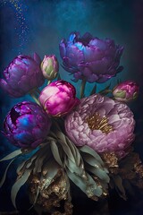 Wall Mural - Peonies and tulips bouquet. Purple, pink and rosy colors. 
Valentines day or weeding day post card. Generative ai. 