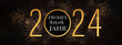 2024 Frohes neues Jahr Feiertag Grußkarte Banner - Goldener glitzer Kreis mit Text und Feuerwerk Pyrotechnik auf schwarzem Nachthimmel Textur Hintergrund