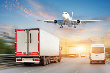 Wall Mural - Heavy traffic flow of car traffic on freeway urban environment time, motion speed blur effect. Trailer trucks minibuses other vehicles drive on road landing plane to land at airfield terminal.