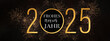 2025 Frohes neues Jahr Feiertag Grußkarte Banner - Goldener glitzer Kreis mit Text und Feuerwerk Pyrotechnik auf schwarzem Nachthimmel Textur Hintergrund