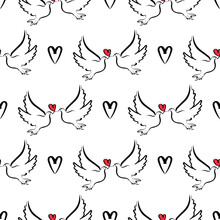 Two Pigeons And A Heart. Seamless Sketch-style Template. Background For Postcards, Banners