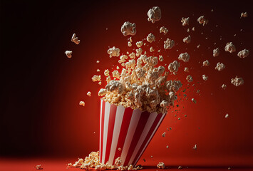 Carton of popcorn exploding on a red background. flying popcorn. Generative ai