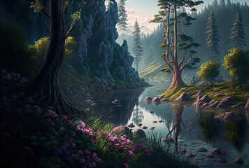 Wall Mural - The Fantastic, Realistic, and Futuristic Fantasy Forest by the Riverside. Digital CG Artwork, Concept, and Realistic Cartoon Scene Design for Video Games. Generative AI