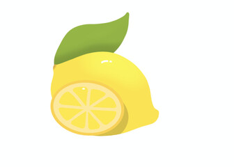  illustration of whole and sliced lemon. Healthy tropical citrus fruit. Isolated