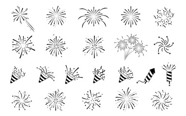 Wall Mural - set of firework icons.fireworks with stars and sparks isolated on white background.party popper.fire