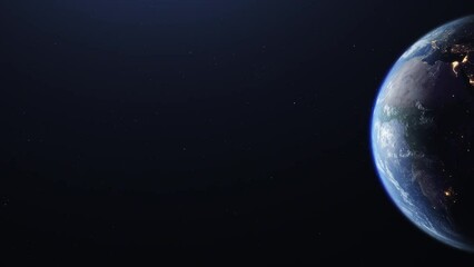 Wall Mural - The camera flies in front of the planet Earth and moving left, horizontal view over space. The planet is illuminated by the sun on the left. Starry sky