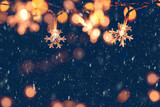 Fototapeta Kawa jest smaczna - Christmas snowflakes lights with falling snow, snowflakes, Winter and new year holidays. copy space.