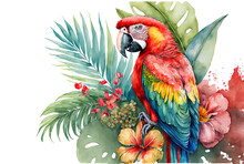 Exotic Flower Watercolor With A Parrot And Palm Foliage From The Tropics. Red Macaw. Generative AI
