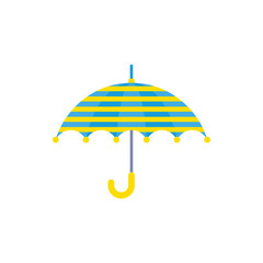 Poster - Cartoon Color Striped Blue Yellow Kid Umbrella Flat Design Style Isolated on a White Background. Vector illustration