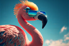 Pink Flamingo Wearing Summer Sunglasses. Summer Background. Generative Ai
