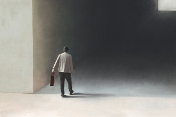 Wall Mural - Illustration of man walking in the darkness toward the light, surreal abstract concept