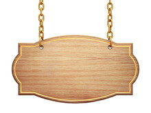 Blank Wooden Signboard Hanging On Brass Chains	Isolated