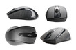 Four black wireless computer mouse views set. Isolated png with transparency
