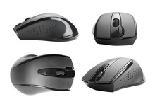 Four Black Wireless Computer Mouse Views Set. Isolated Png With Transparency