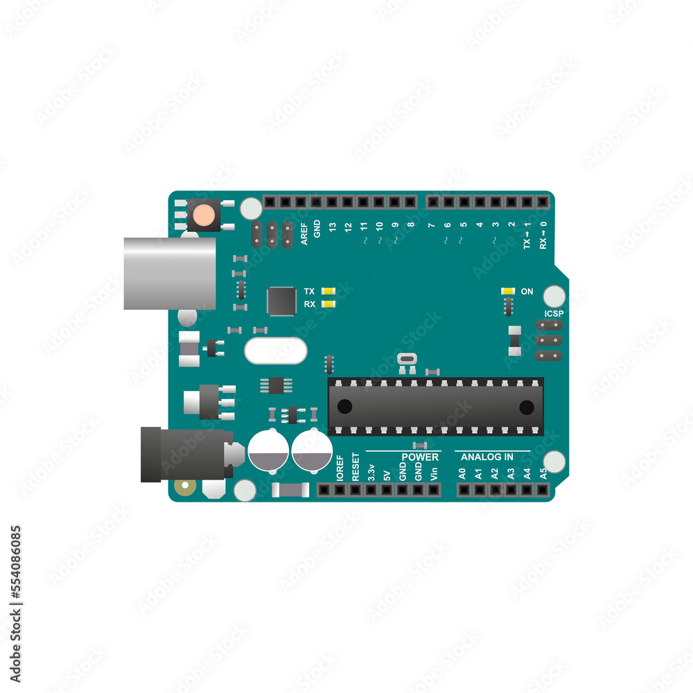 Realistic arduino board detailed illustration of the top view. For education.