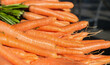 Nahaufnahme auf eine Vielzahl frischer und leckerer Karotten und Möhren mit selektiver Schärfe und Textfreiraum