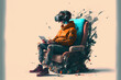 young man sitting on chair wearing a VR headset, concept art of digital addiction, simulation, concept art digital, illustration