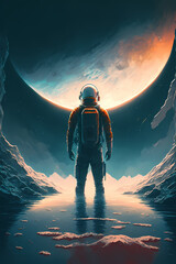 Wall Mural - Astronaut standing backwards in a blue sea and looking in the sky at a moon at a landscape, concept art digital, illustration