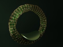 3D Rendering Of A Green Curved Podium On A Round Gold Mesh Cord At An Angle On A Dark Green Background