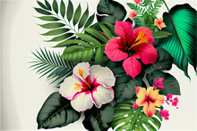 Lush Vegetation And Hibiscus Flower Patter Ideal For Tropical And Exotic Backgrounds