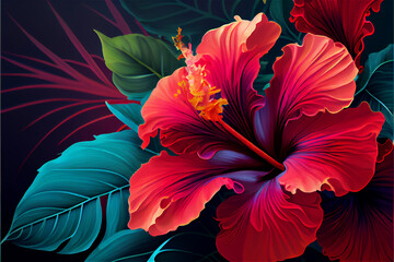 lush vegetation and hibiscus flower patter ideal for tropical and exotic backgrounds