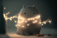 A Magic Festive Cat Covered In Glowing Christmas Lights In A Winter Scene. Digital Art. Generative Ai