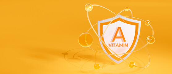 Wall Mural - vitamin a symbol on shield, atoms orbiting on orange background, 3d rendering with copy space