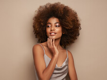 Beauty Portrait Of African American Girl With Afro Hair. Beautiful Black Woman. Cosmetics, Makeup And Fashion