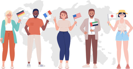 Wall Mural - Cultural and linguistic diversity 2D raster isolated illustration. People with country flags flat characters on cartoon background. Community colourful scene for mobile, website, presentation