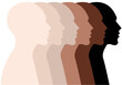 Male faces, profile silhouettes, skin colors, illustration over a transparent background, PNG image