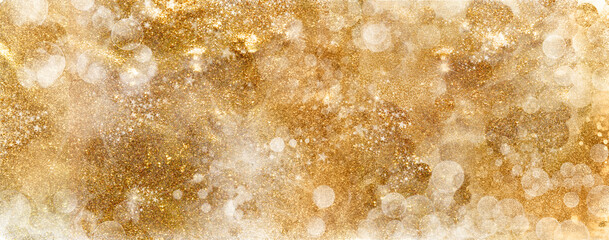 Wall Mural - golden christmas background banner with festive shiny sparkles and twinkling bokeh. gold glitter fes
