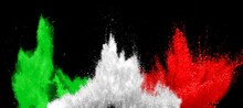 Colorful Italian Flag Green White Red Color Holi Paint Powder Explosion, Italia Europe Travel Tourism Concept