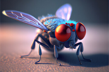 Close up of Blue Fly with Red Eyes. Generative ai