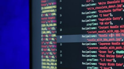 Coding UX UI script text on screen, HTML5 in editor for website development, Close up Macro of Programming code software developer. 